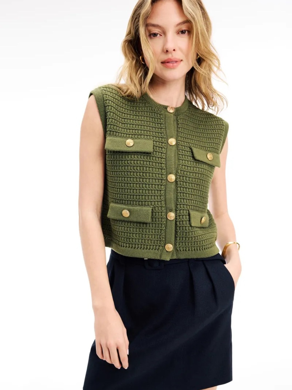 Blank NYC Olive Green Knit Button Vest with Gold Buttons